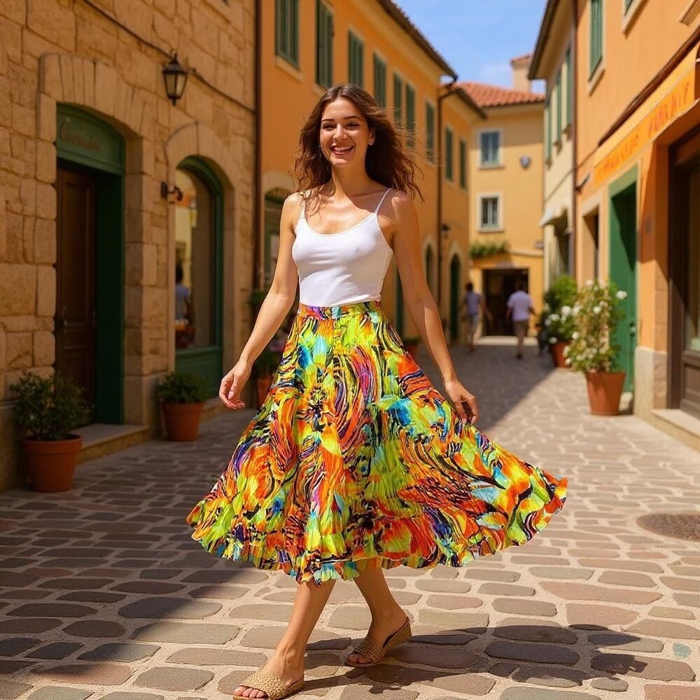 Pleats Collection Green Orange Abstract Pleated Midi Skirt 1XL By Pings Imports